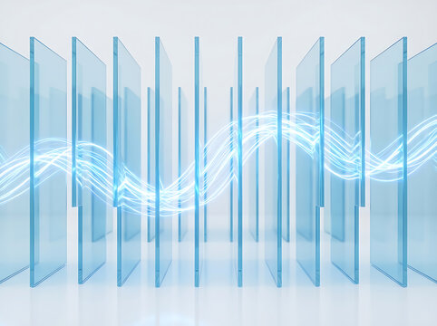 Abstract background with glowing light waves passing through transparent glass panels, representing data transfer, technology, and connectivity