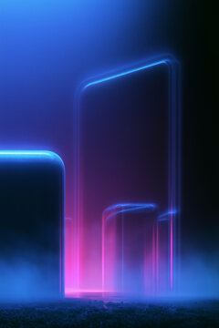 Glowing neon rectangles and curves in a foggy futuristic environment