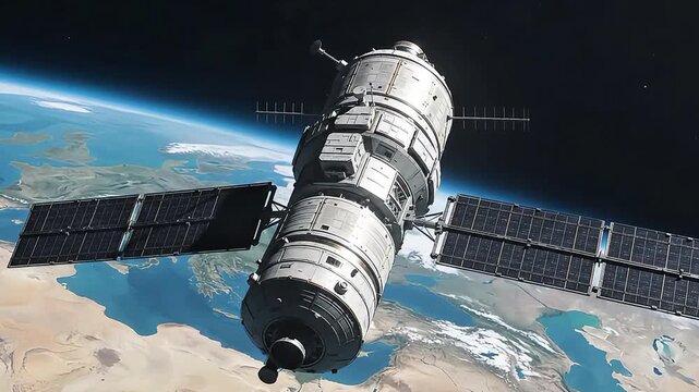 Space station module with solar panels orbiting Earth in outer space