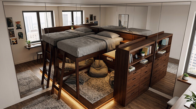 A creative space-saving wooden loft bed design featuring two elevated single beds, integrated dark wood storage drawers, shelving unit, built-in mirror wall, and cozy lounge area underneath.