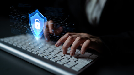 Digital security shield providing network protection and data privacy. This represents a firewall...