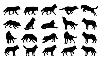 Fototapeta premium Wild Wolf Poses Black White Silhouette Symbol Set