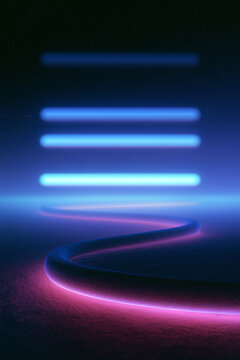 Glowing neon lines form a winding path in a dark, futuristic environment