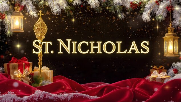 St Nicholas Day Background with Golden Crosier Staff Hanging Lanterns and Red Velvet Fabric