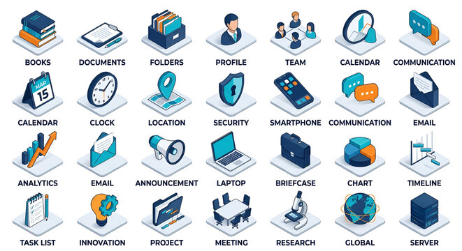 Set of isometric business and office icons representing management finance