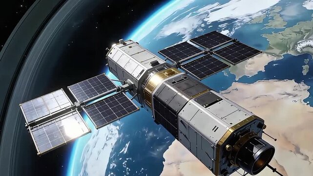 Space station module with solar panels orbiting Earth over Europe and Mediterranean