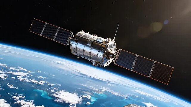 Communication satellite orbiting Earth in outer space with bright sun flare and solar panels