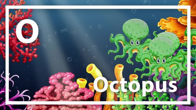 Animated Cartoon Green Octopuses Swimming Over Colorful Coral Reef
