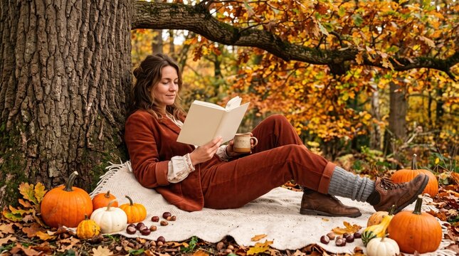 Woman reading book while reclining against large tree on autumn blanket with pumpkins and mug in forest setting, relaxed cozy outdoor reading scene
