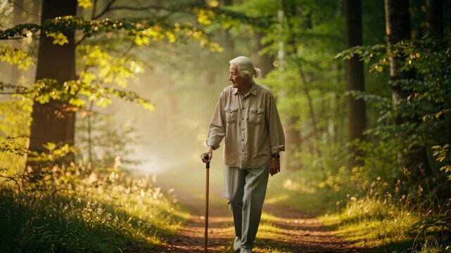 Elderly person walking on a forest trail with a cane for mobility support