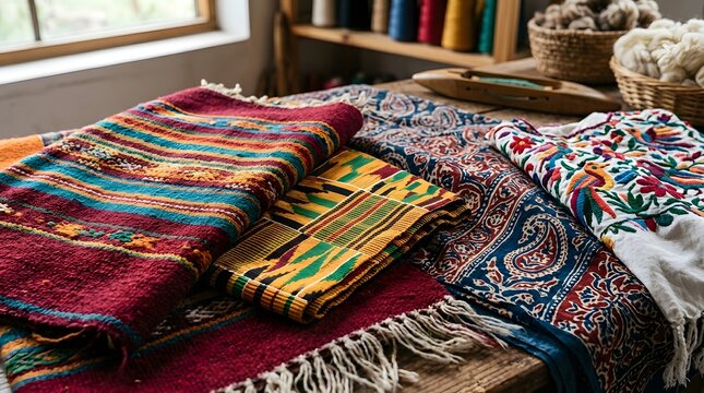 Layered colorful woven textiles and embroidered fabrics on a rustic wooden workbench