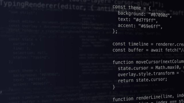 Animated code editor interface showing JavaScript code with syntax highlighting on a dark background. Smooth wave movement creates blurred background text and atmospheric depth.
