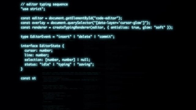 Code editor window displays JavaScript and TypeScript lines typed with glowing cursor on a dark background. Luminous elements drift through the scene with layered visual depth.