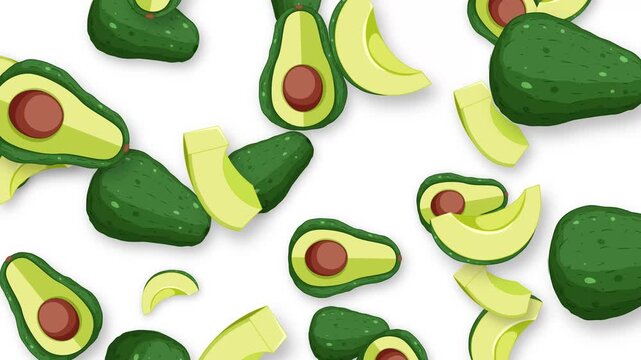 Animated Falling Avocado Halves and Slices on White Background