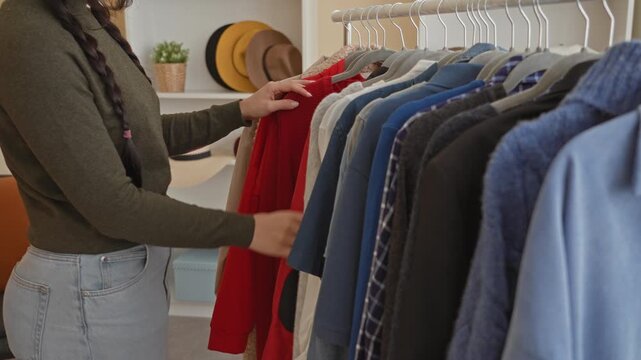 Young hispanic woman gently holds a red jacket by its sleeve while browsing a clothes rack in a studio wardrobe setting; quiet contemplation.