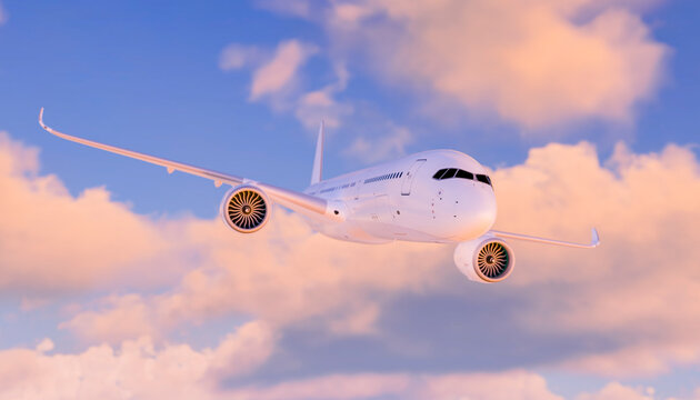 Modern commercial airplane flying in the sky during sunset