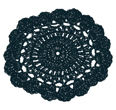 Dark blue crochet doily with intricate lace pattern isolated on white background