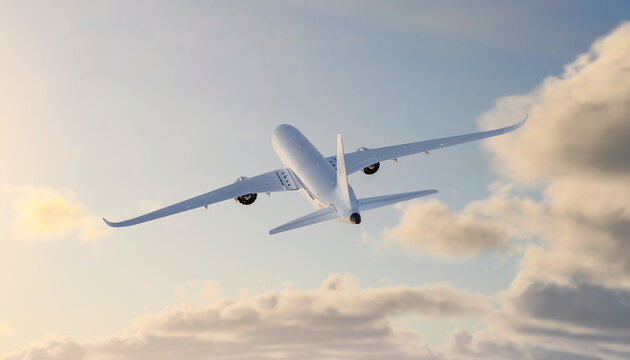 An airplane flying through the sky during a sunset flight