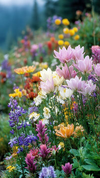 Vibrant wildflower meadow featuring blooming bitterroot, lupine, and paintbrush flowers in a mountain alpine landscape