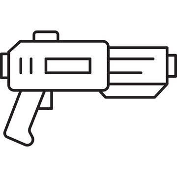 Minimalist vector line icon of a futuristic sci-fi blaster gun. Simple dark outline design on a solid black background,representing gaming and technology.