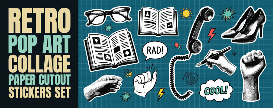Retro pop art collage paper cutout sticker set featuring vintage eyeglasses books retro telephone high heel shoes pens and speech bubbles saying rad and cool isolated vector illustrations