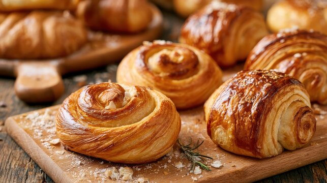 A delectable assortment of freshly baked golden pastries, including croissants and cinnamon rolls, rests on a rustic wooden board, garnished with nuts.