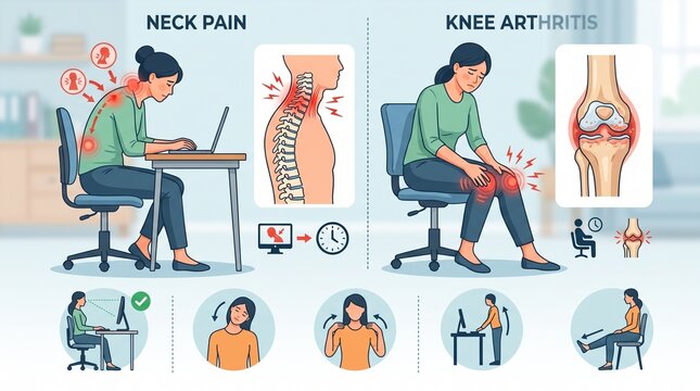 Illustrated guide to common workplace related musculoskeletal pain with depicts two individuals experiencing neck pain prolonged computer use knee arthritis