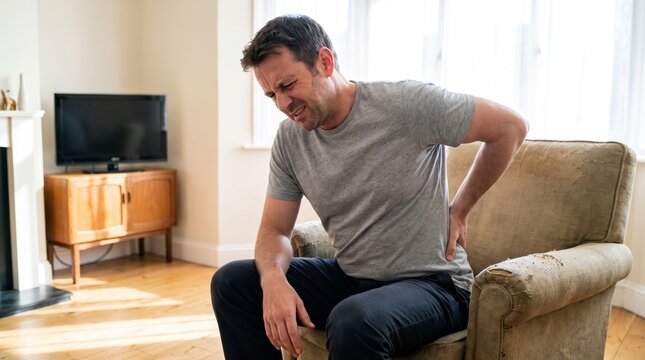 Man clutching lower back in distress while seated indoors during leisure time with man sitting vintage style armchair indoors apparent discomfort focused