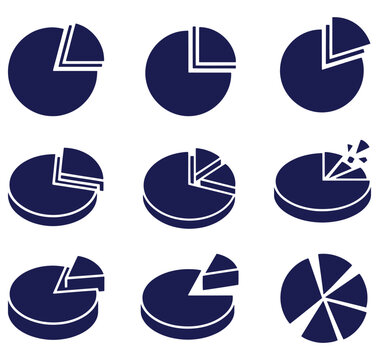 set of pie chart icons in dark blue on white background