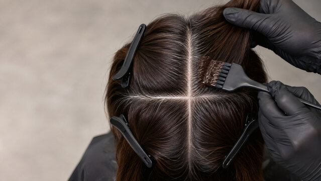 Professional Colorist Applying Hair Dye to Sectioned Gray Roots
