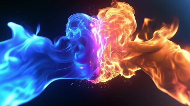 Dynamic Visualization of Blue and Orange Flames Colliding in Virtual Space