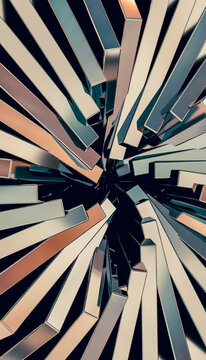 Close-up view of shiny metal bars arranged in an abstract pattern