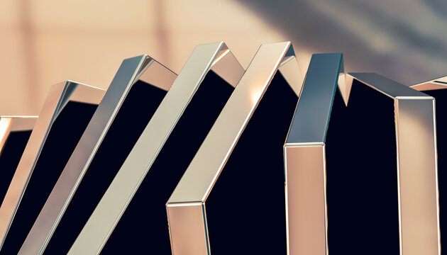 Close-up of silver metallic domino pieces arranged in a tilted row