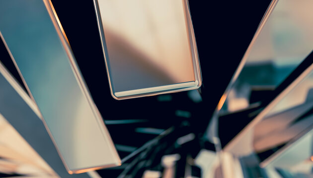Close-up of an abstract art installation with multiple angled mirrors