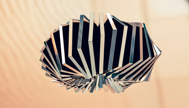 A shiny metal abstract sculpture with geometric shapes in a studio