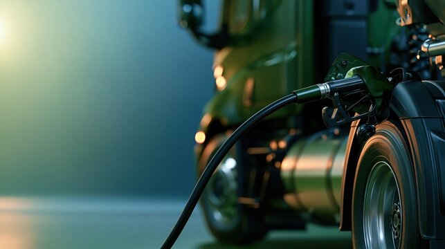 Banner composition featuring a clean diesel truck being refueled with HVO renewable diesel, large empty copy space on the left side for text overlay
