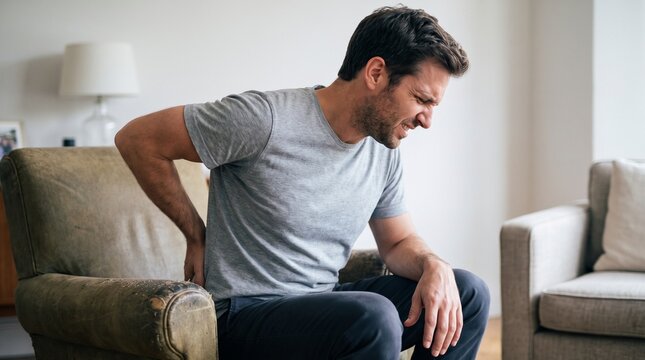 Man gripping waist in discomfort while seated on vintage armchair indoors with armchair inside softly man leaning forward lower back apparent