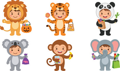 Naklejka premium Cute Children in Funny Animal Costumes, Halloween Party Set. Lion, Tiger, Panda, Elephant, Monkey Kids Vector Illustrations Halloween