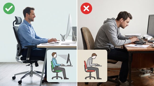 Professional comparing correct and incorrect ergonomic seating posture at workspace with versus slouching incorrectly incorrectly desk computer