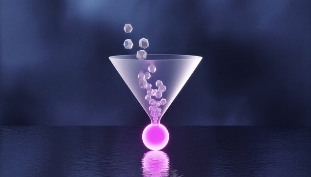 Glowing funnel with floating sphere and bubble suggests conversion optimization, guiding traffic into action and improving result.