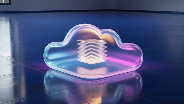 Glowing cloud storage icon with server stack on reflective surface, showing secure digital backup, online data access and modern computing.