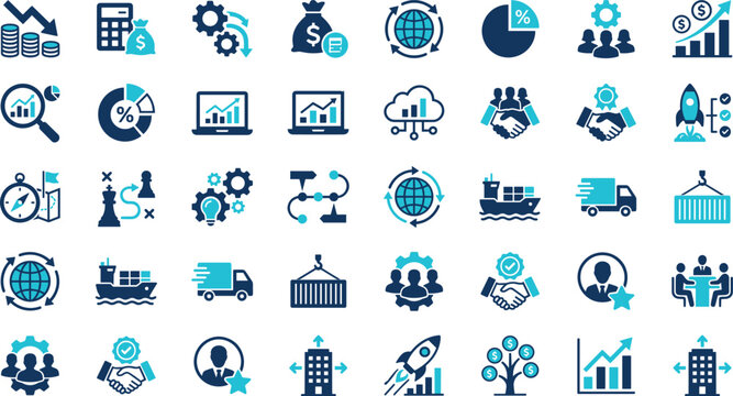Business and finance icons set, professional corporate data and logistics vector elements, blue and navy marketing infographics, 40 flat icons for financial reports and web design