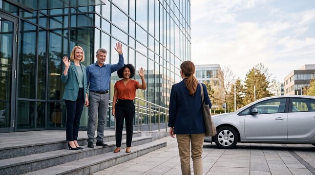 Kollegen winken zum Abschied in Untersicht vor B&uuml;ro