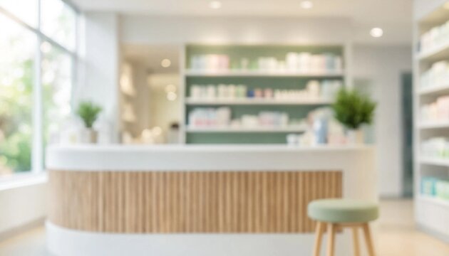 Unscharfe Beratungsecke in heller Apotheke bei Tageslicht