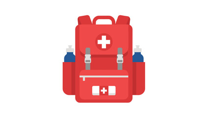 Fototapeta premium Red emergency first aid backpack equipped with medical supplies and water bottles for outdoor safety and survival situations.