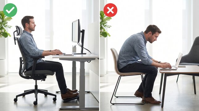 Professional comparing correct and incorrect ergonomic seating postures at modern office workspace with minimalist office environment equipment bright minimalist