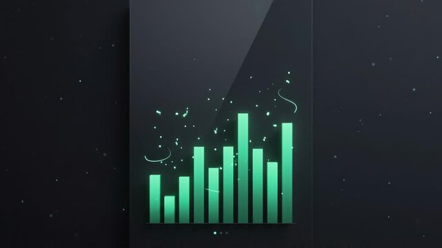 Abstract Digital Bar Graph Illustration with Glowing Green Bars on a Dark Gradient Background, Symbolizing Data Analytics, Business Growth, and Technological Progress