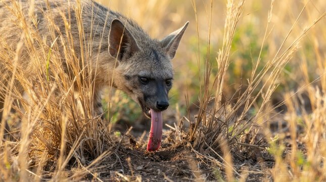 Brown hyena with long tongue licking the ground in dry savanna grass