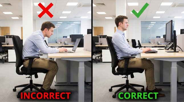 Professional comparing poor and proper seated posture at office desk with laptop with contrasts improper slouching posture correct ergonomic