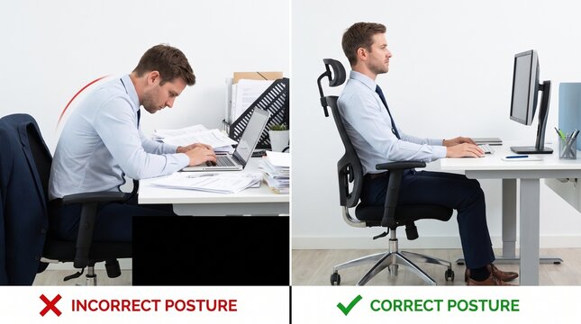 Professional comparing slouching and ergonomic seating posture at modern desk workspace with properly seated individual chair alignment healthy